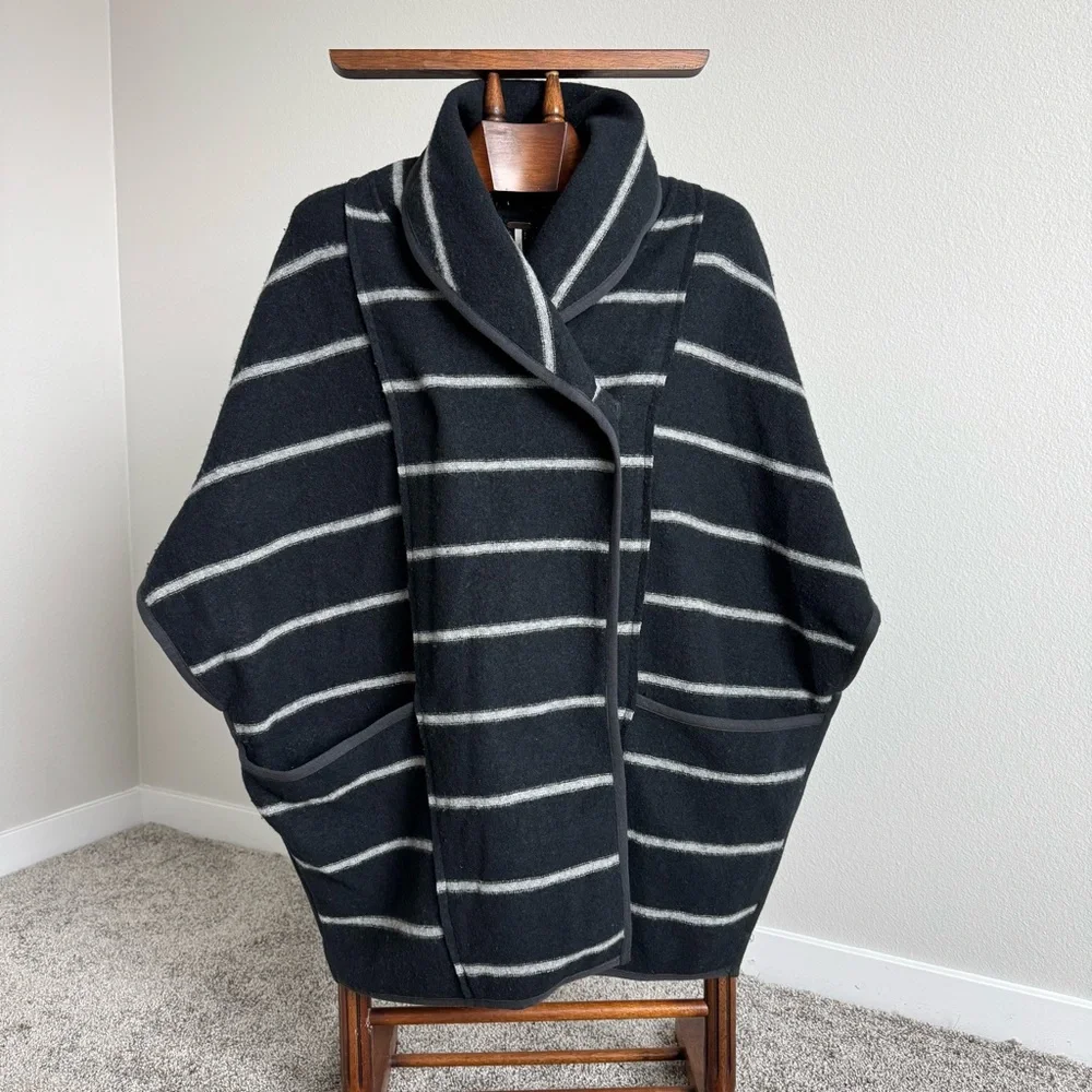 Free People Wool-Blend Striped Cape Coat – Black/Grey – XS (Oversized, Fits S–M) - Picture 6 of 16